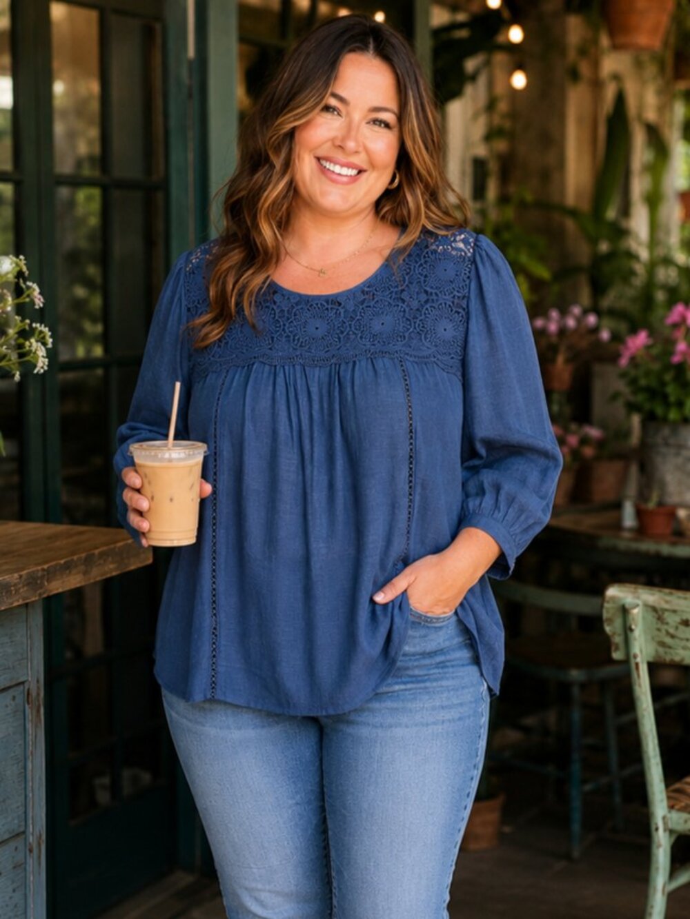 Harper 241 Blue Crochet Lace Peasant Blouse Boho Cottagecore Size XL